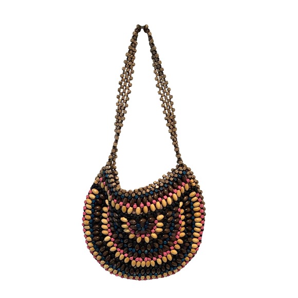The Sak Handbags - The Sak Beaded Shoulder Bag Womens Medium Multi Color Boho Wood Bead Mosaic Zip